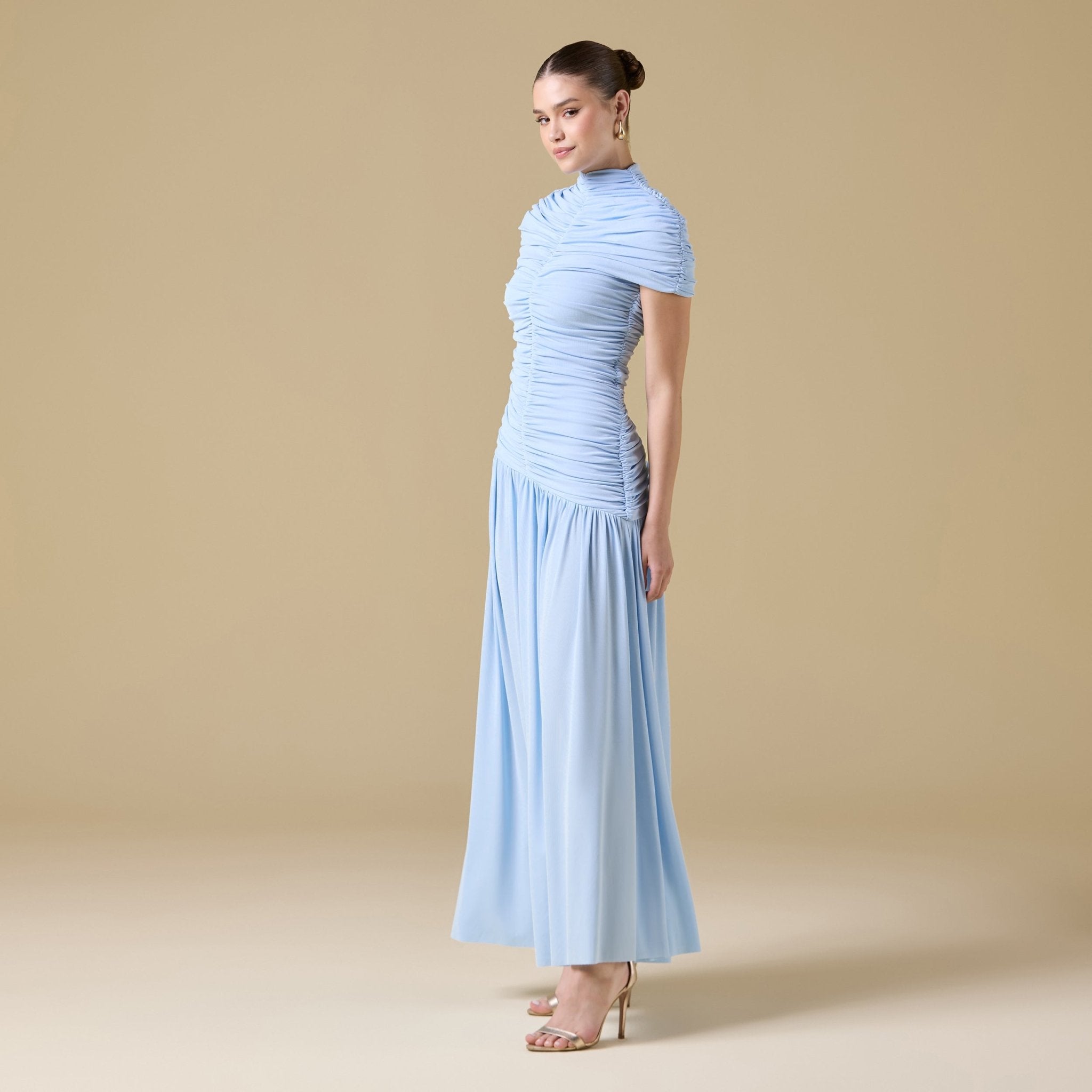 Jersey Gathered Maxi Dress with Pleated Skirt - shopaleena