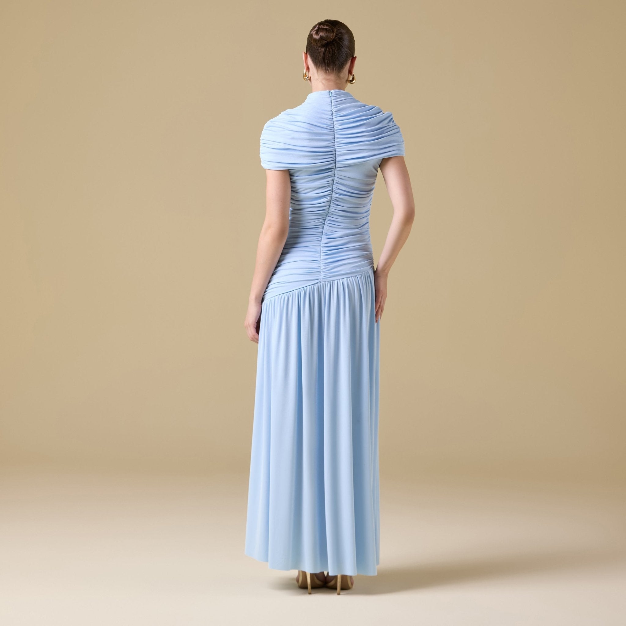 Jersey Gathered Maxi Dress with Pleated Skirt - shopaleena