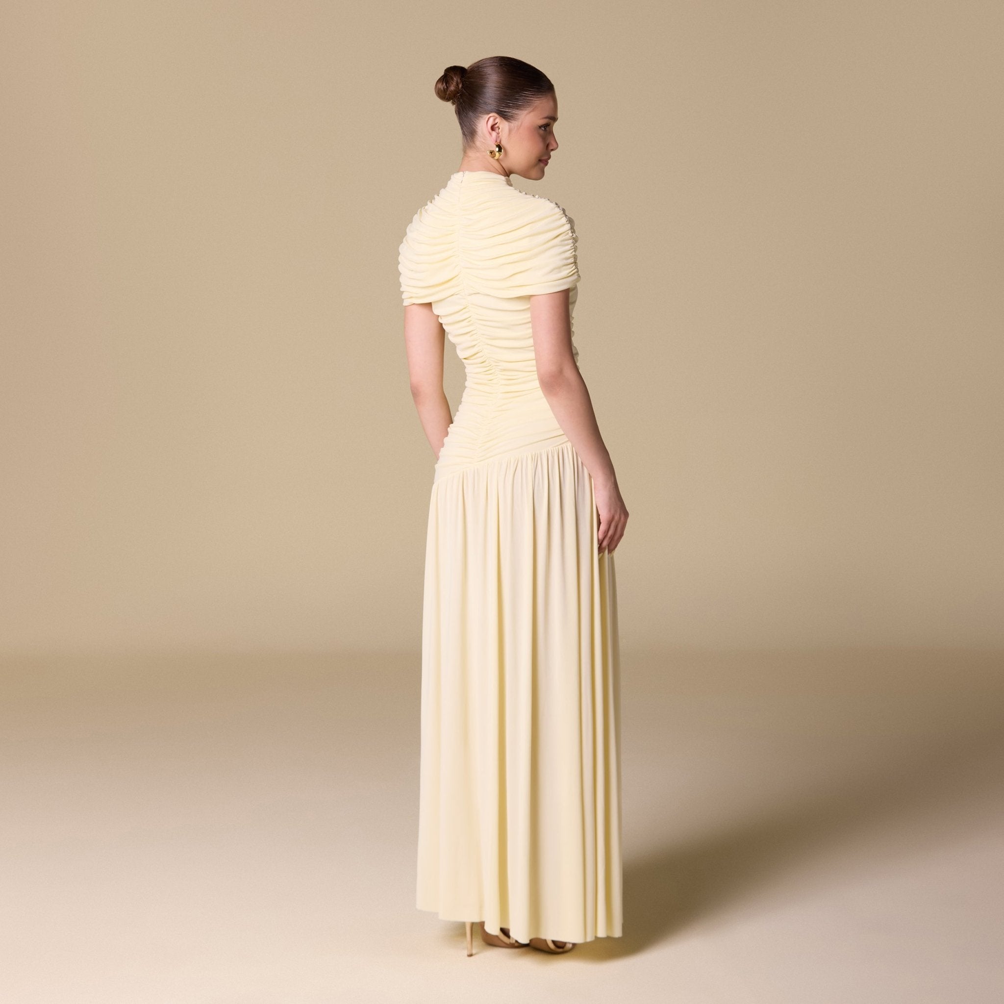 Jersey Gathered Maxi Dress with Pleated Skirt - shopaleena