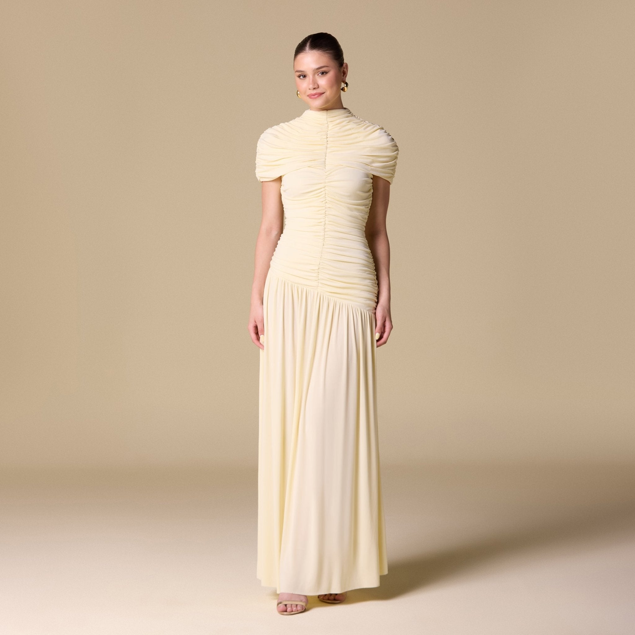 Jersey Gathered Maxi Dress with Pleated Skirt - shopaleena