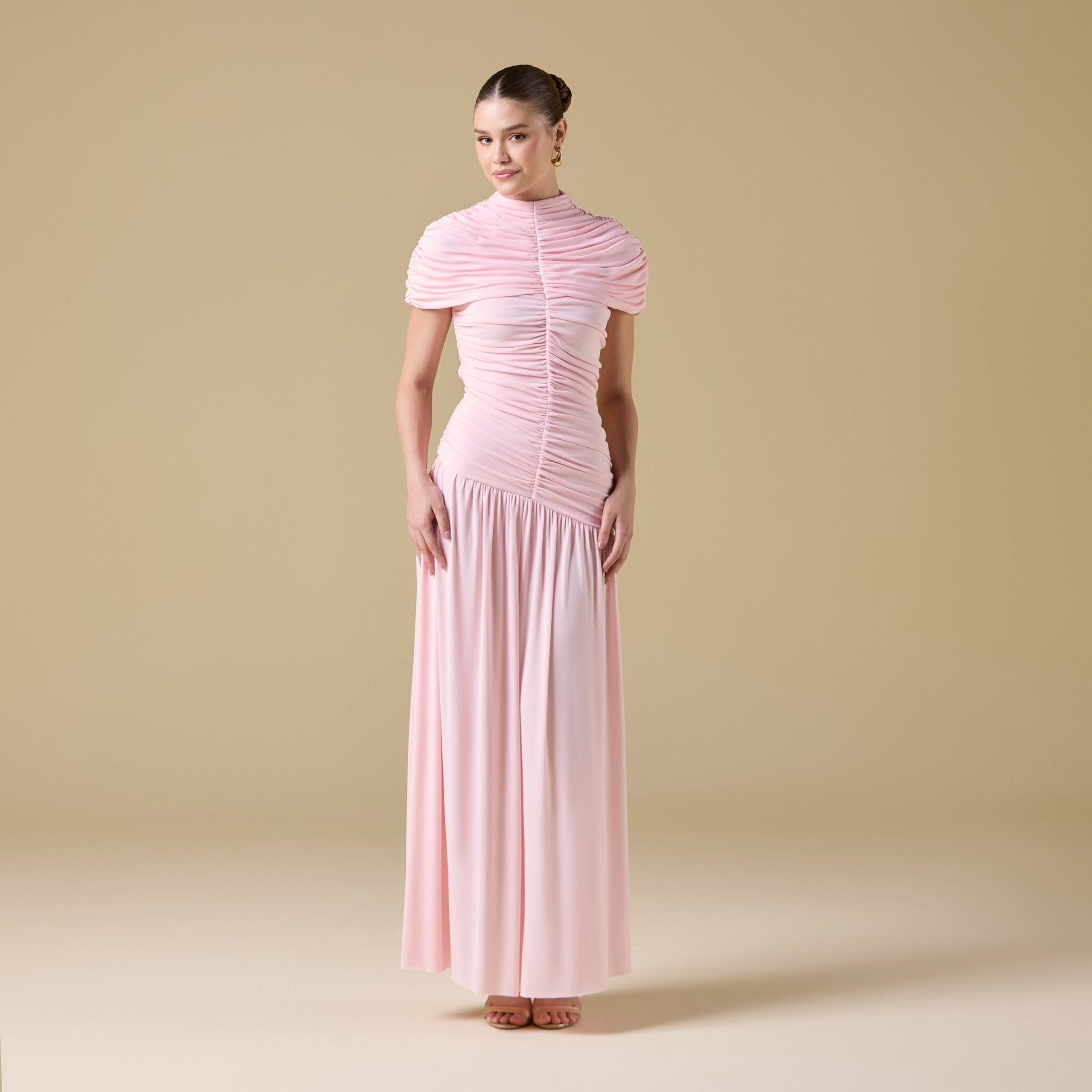 Jersey Gathered Maxi Dress with Pleated Skirt - shopaleena