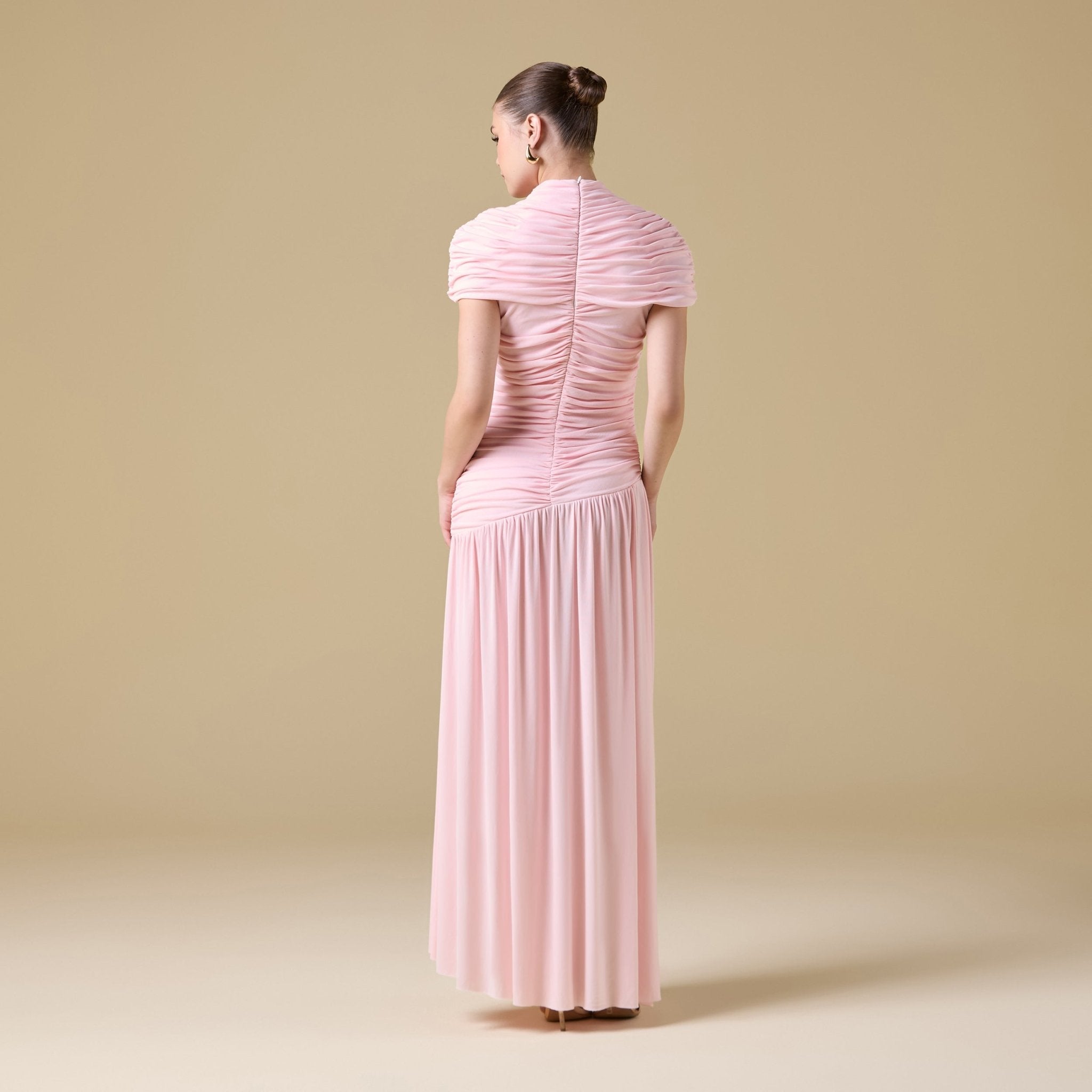 Jersey Gathered Maxi Dress with Pleated Skirt - shopaleena