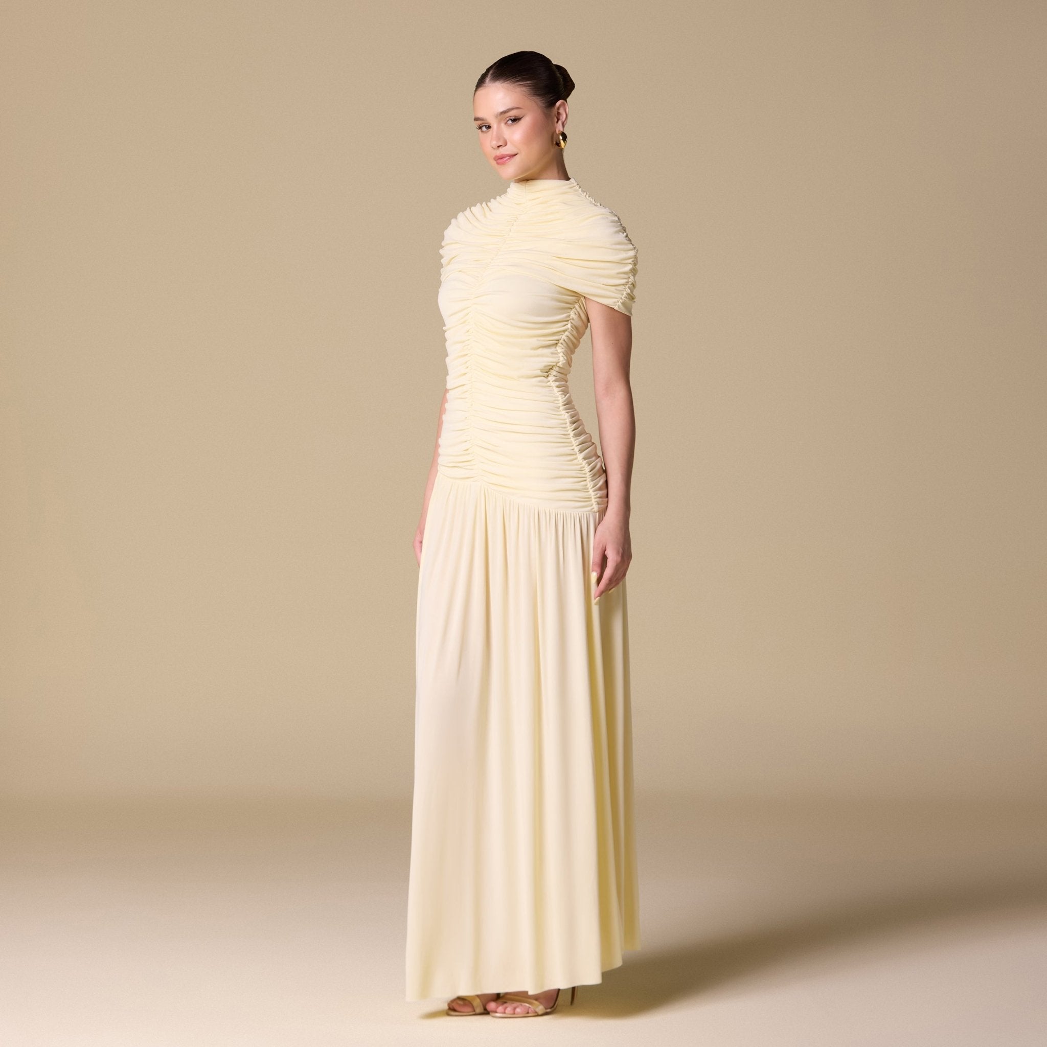Jersey Gathered Maxi Dress with Pleated Skirt - shopaleena