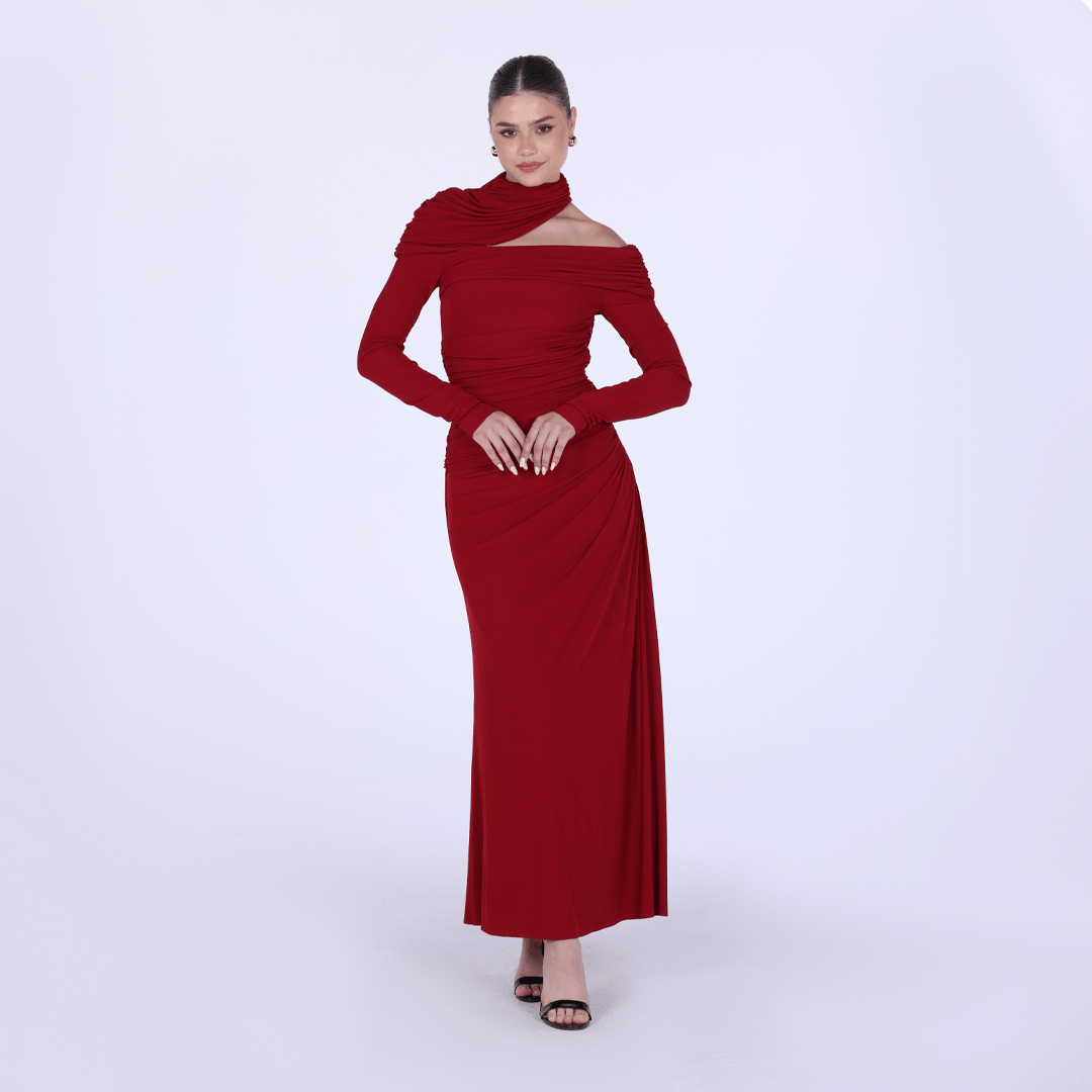 Jersey Gathered Maxi Dress with Shoulder Cut - Out - shopaleena