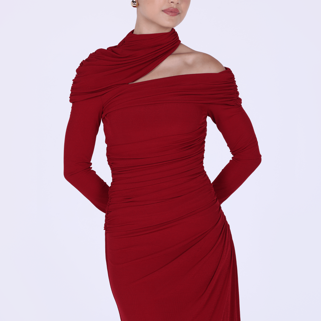 Jersey Gathered Maxi Dress with Shoulder Cut - Out - shopaleena