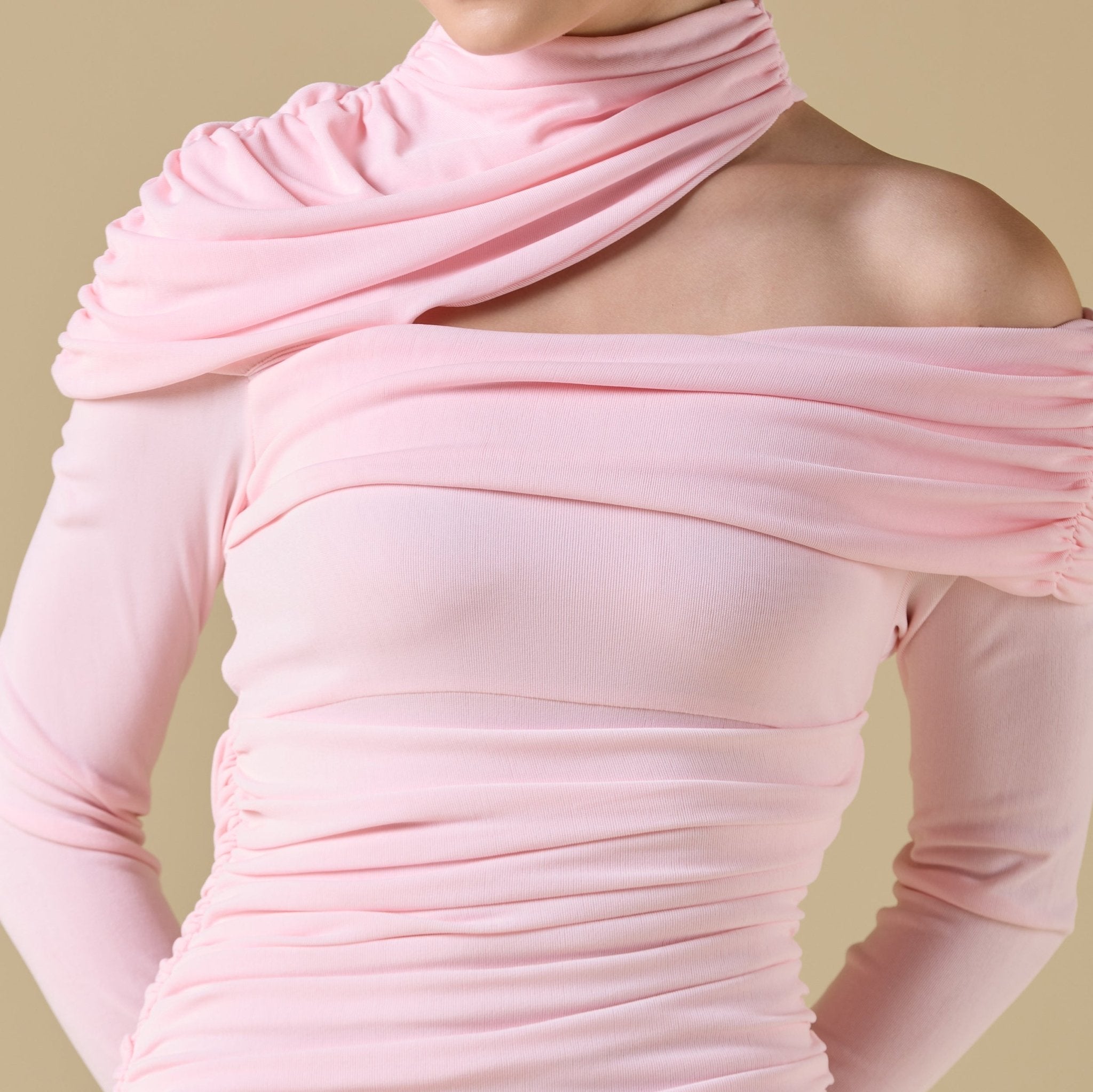 Jersey Gathered Maxi Dress with Shoulder Cut - Out - shopaleena