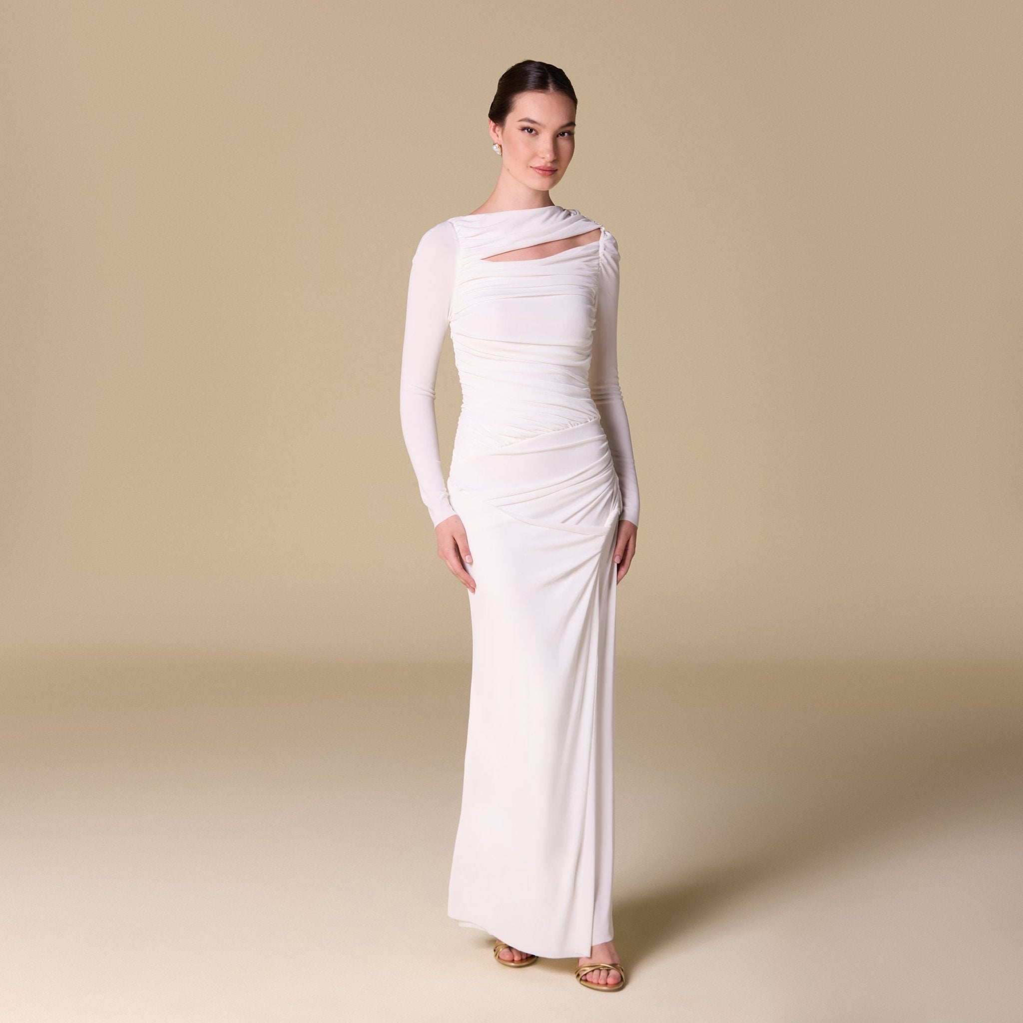 Jersey Gathered Maxi Dress with Side Twist - shopaleena