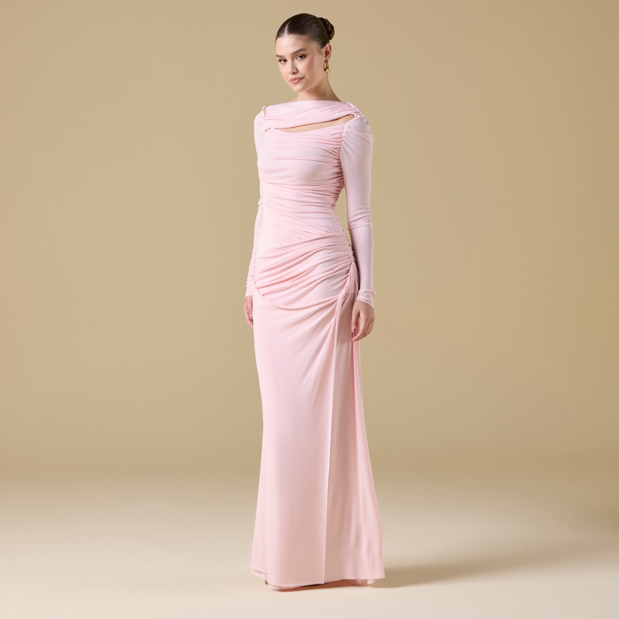 Jersey Gathered Maxi Dress with Side Twist - shopaleena