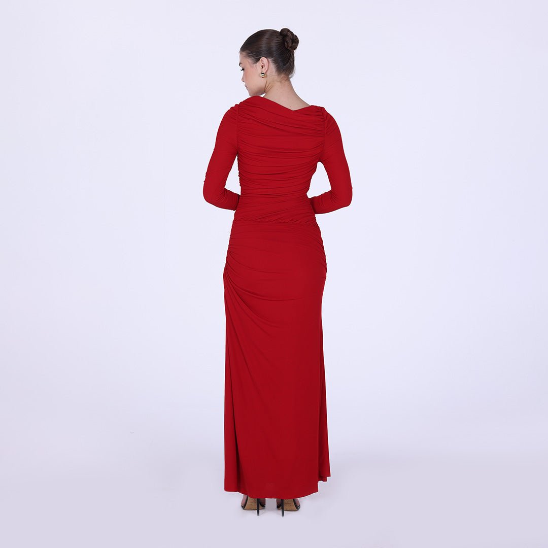 Jersey Gathered Maxi Dress with Side Twist - shopaleena