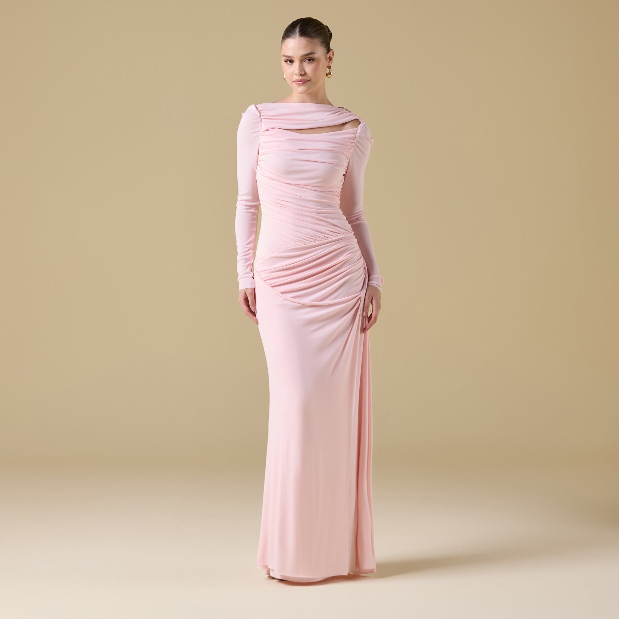 Jersey Gathered Maxi Dress with Side Twist - shopaleena