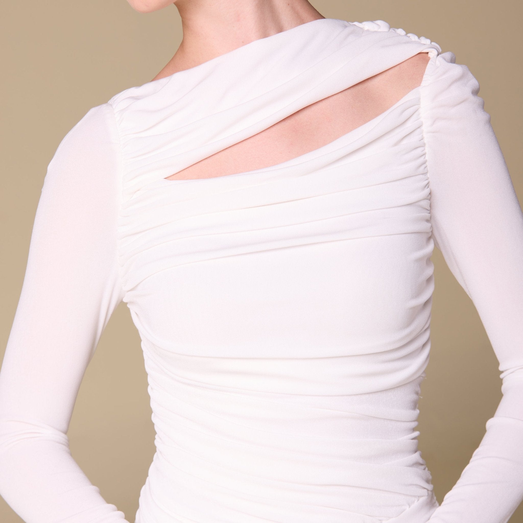 Jersey Gathered Maxi Dress with Side Twist - shopaleena