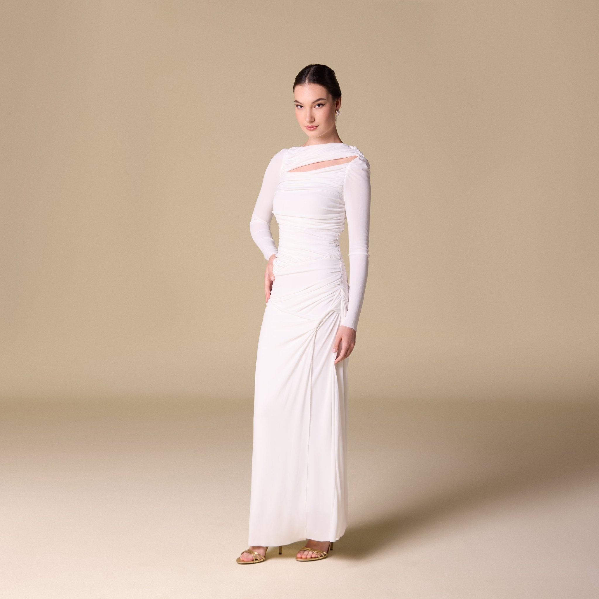 Jersey Gathered Maxi Dress with Side Twist - shopaleena