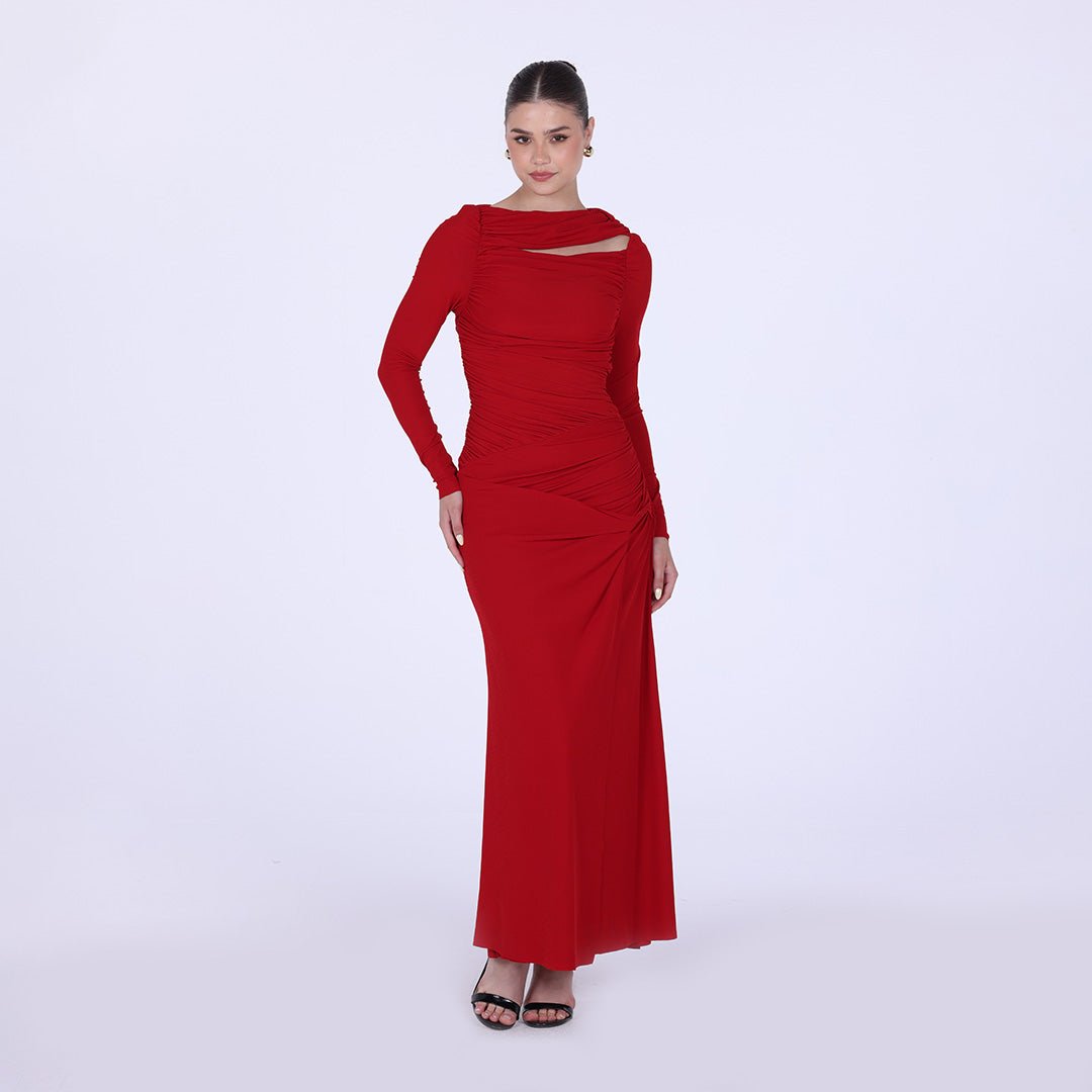 Jersey Gathered Maxi Dress with Side Twist - shopaleena