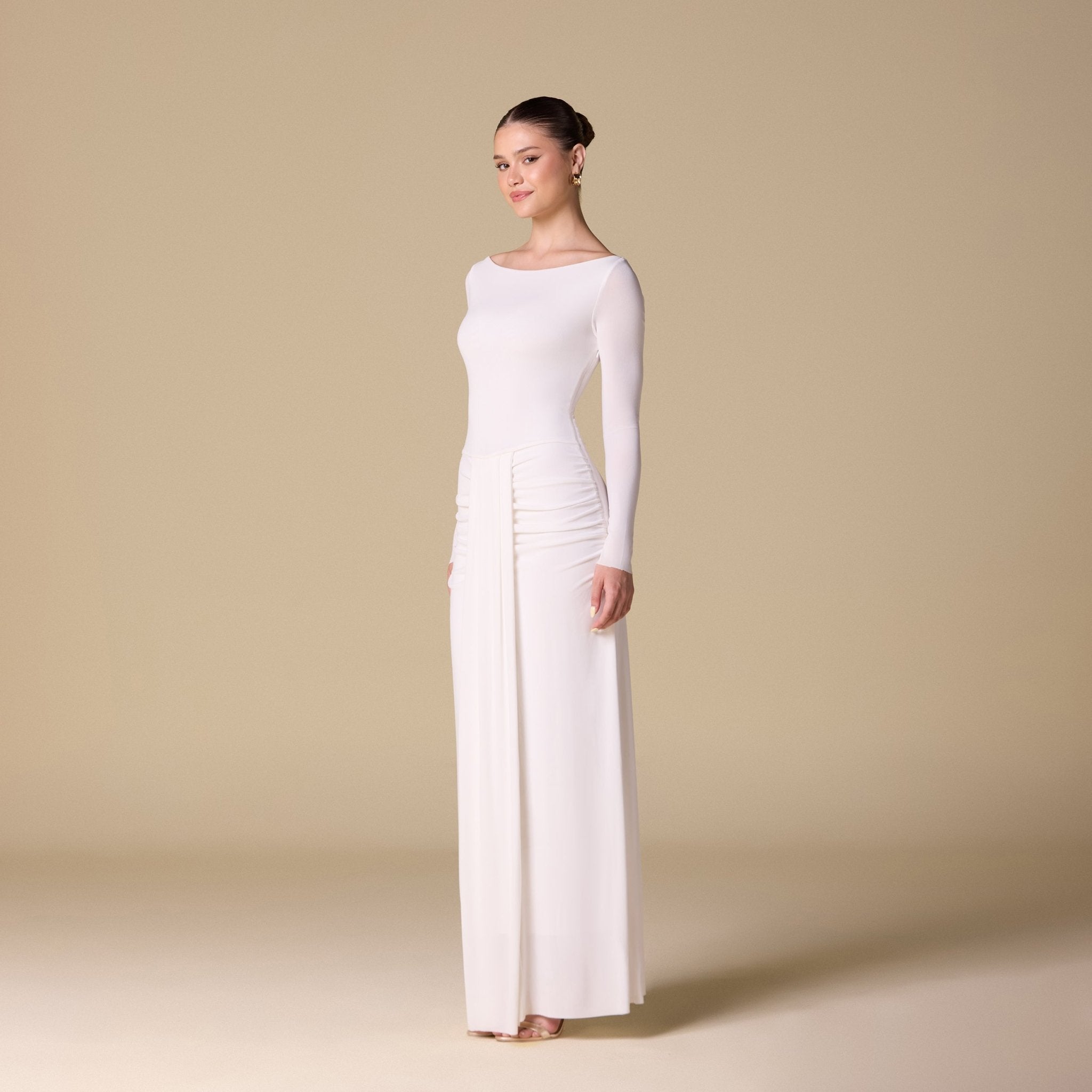 Jersey Maxi Dress with Gathered Waist - shopaleena