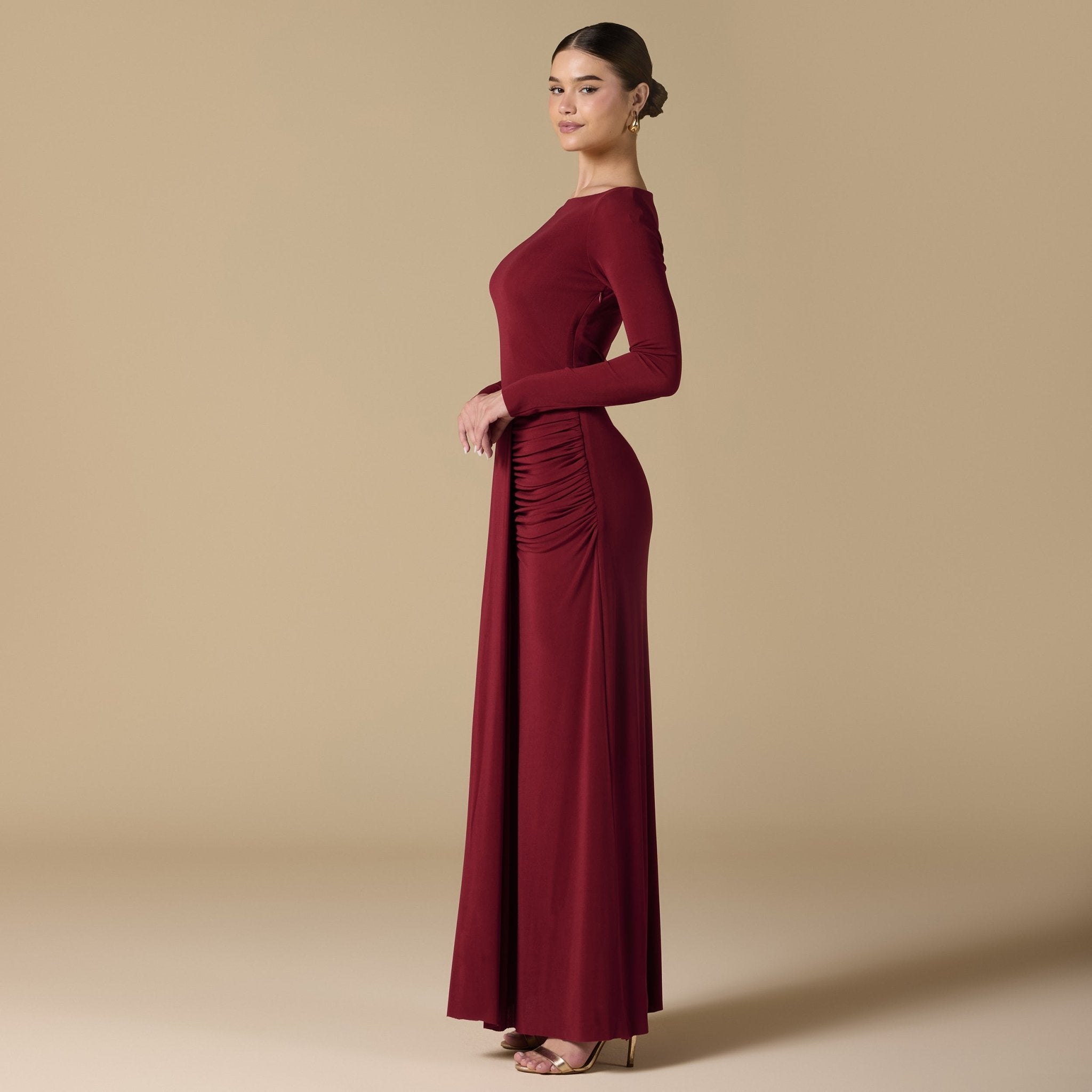 Jersey Maxi Dress with Gathered Waist - shopaleena