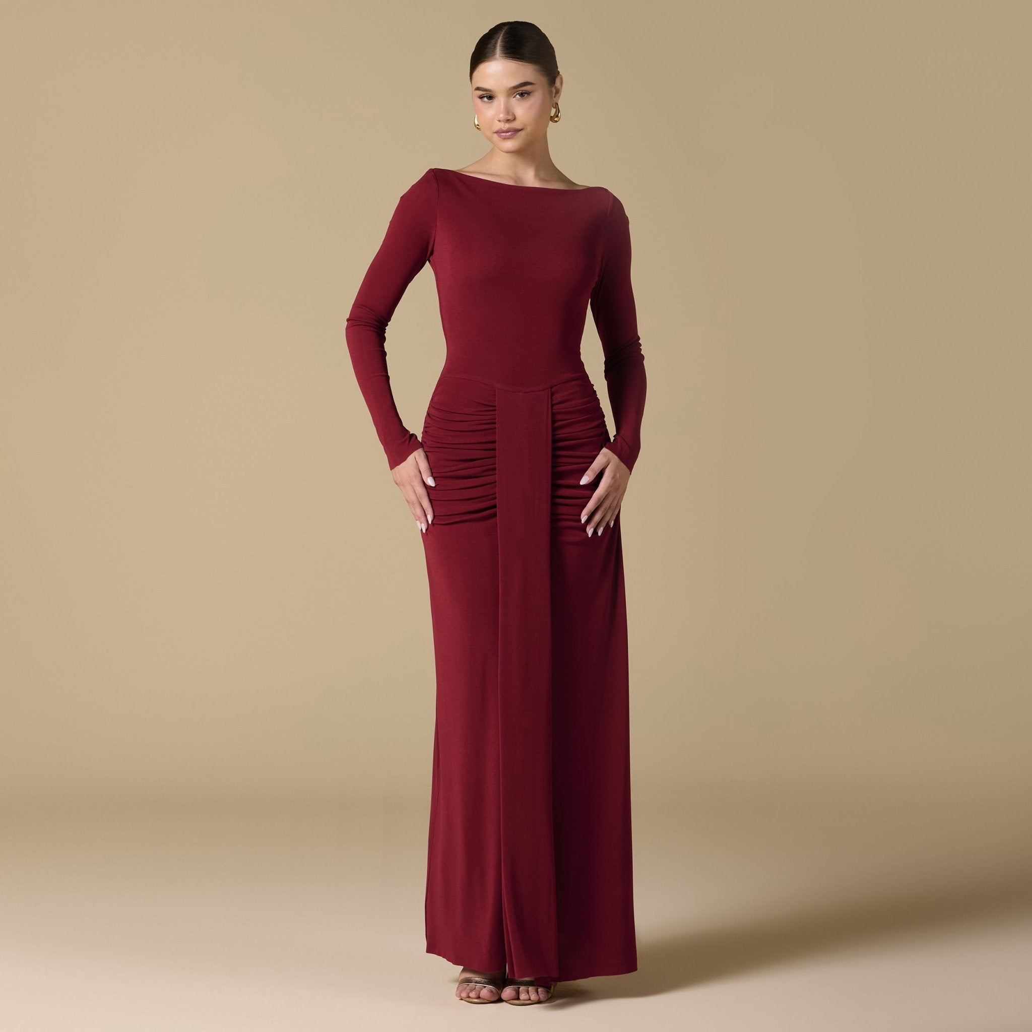 Jersey Maxi Dress with Gathered Waist - shopaleena