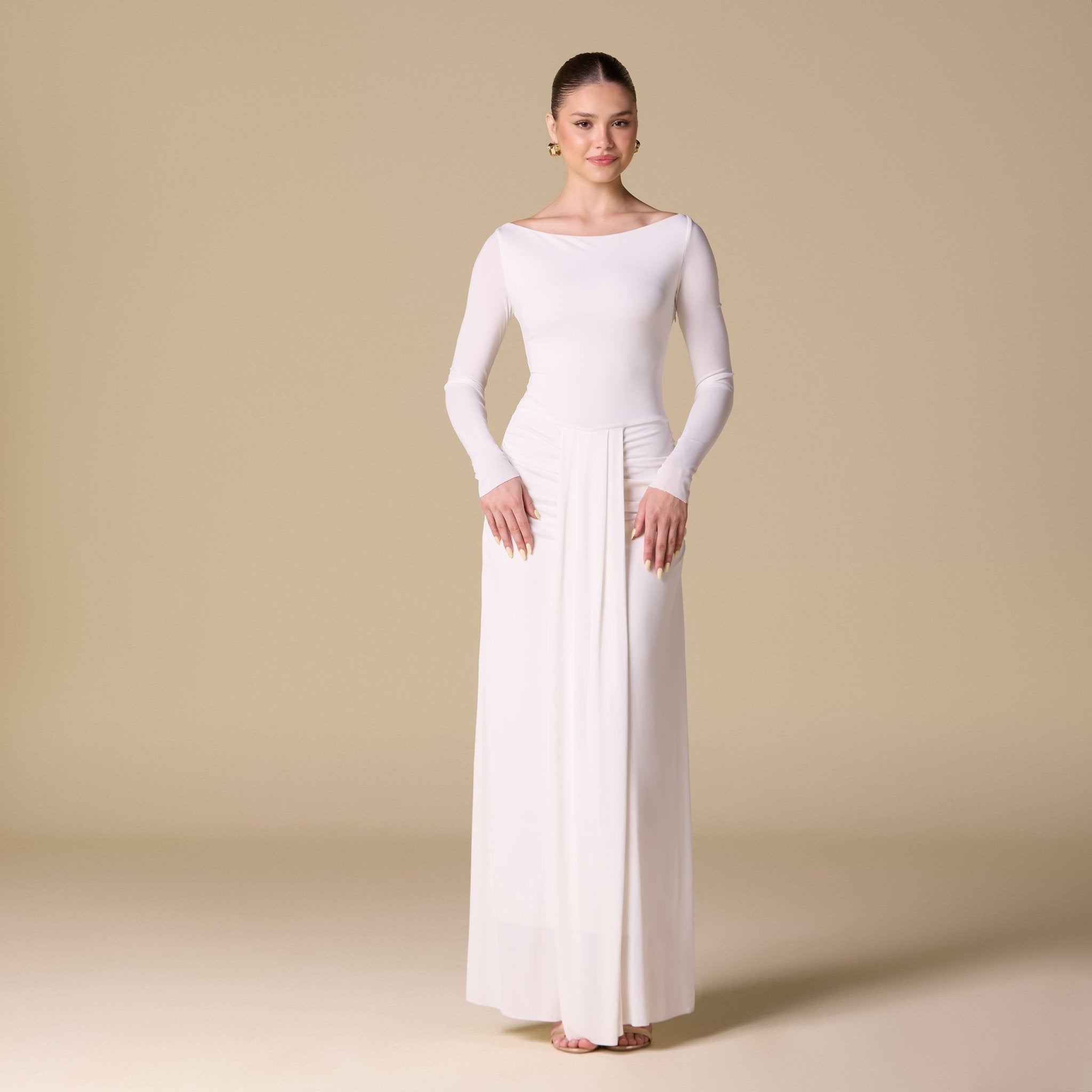 Jersey Maxi Dress with Gathered Waist - shopaleena