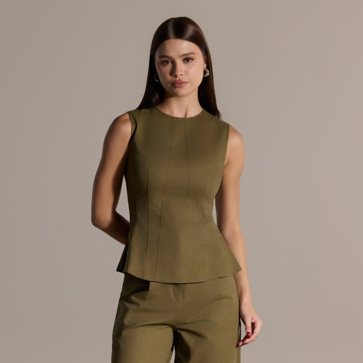 Khaki Sleeveless Round Neck Linen Top - shopaleena