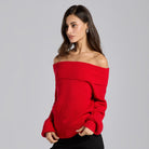Knit Fold Off Shoulder Balloon Sleeve Sweater - shopaleena