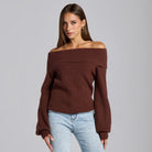 Knit Fold Off Shoulder Balloon Sleeve Sweater - shopaleena