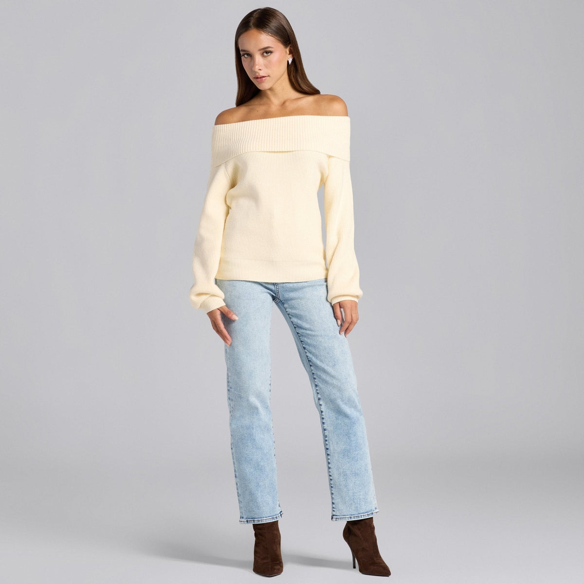 Knit Fold Off Shoulder Balloon Sleeve Sweater - shopaleena