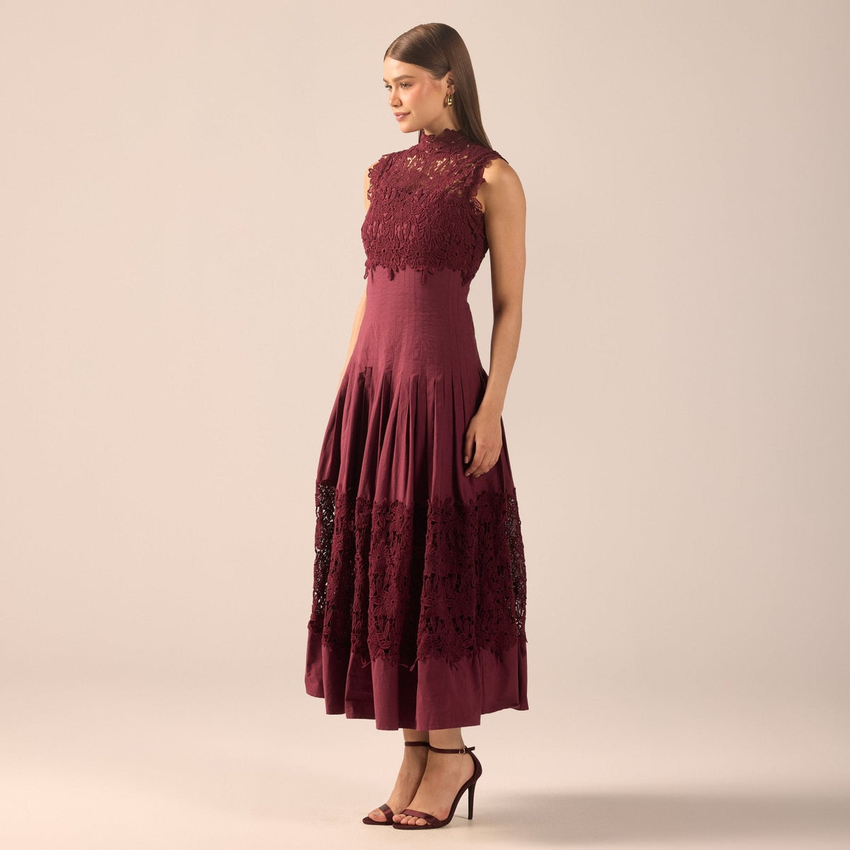 Lace-Paneled Cotton Midi Dress - shopaleena