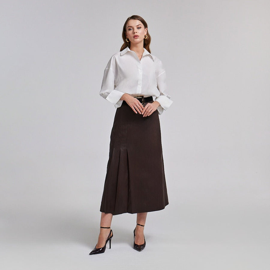 Leather Midi Skirt With Side Pleated Details - shopaleena