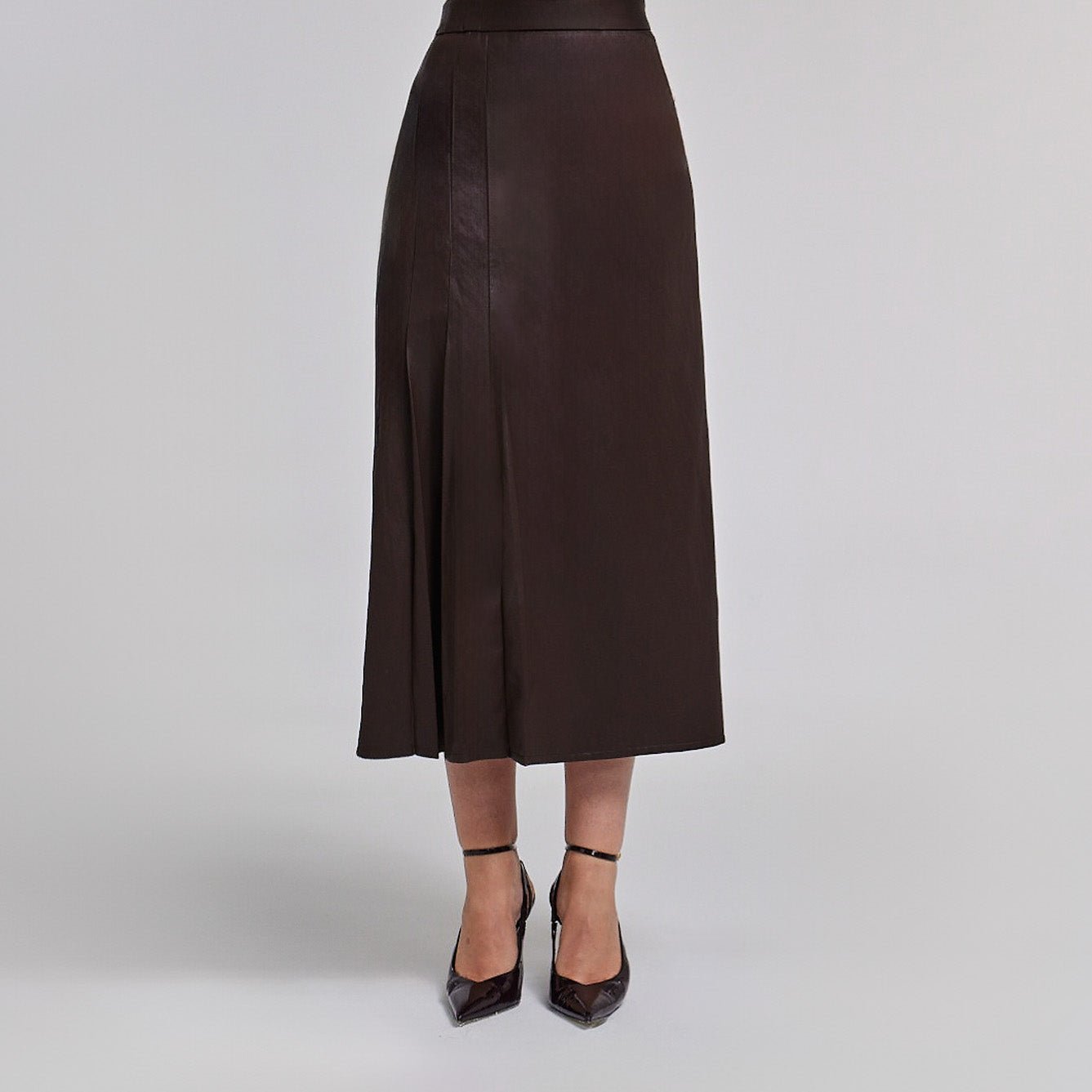 Leather Midi Skirt With Side Pleated Details - shopaleena