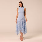 Light Blue Asymmetric Lace-Overlay Cotton Dress - shopaleena