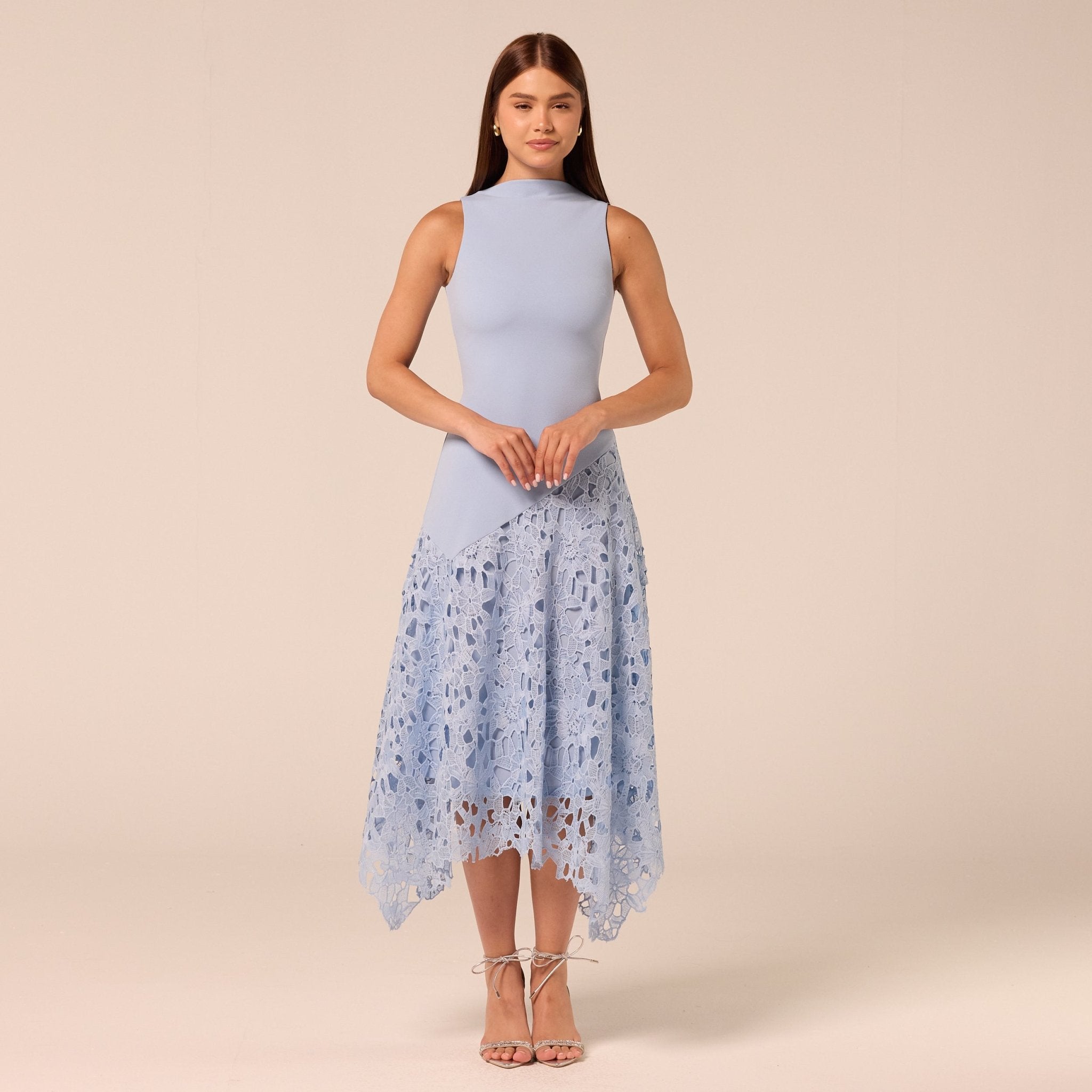 Light Blue Asymmetric Lace-Overlay Crepe Dress – shopaleena