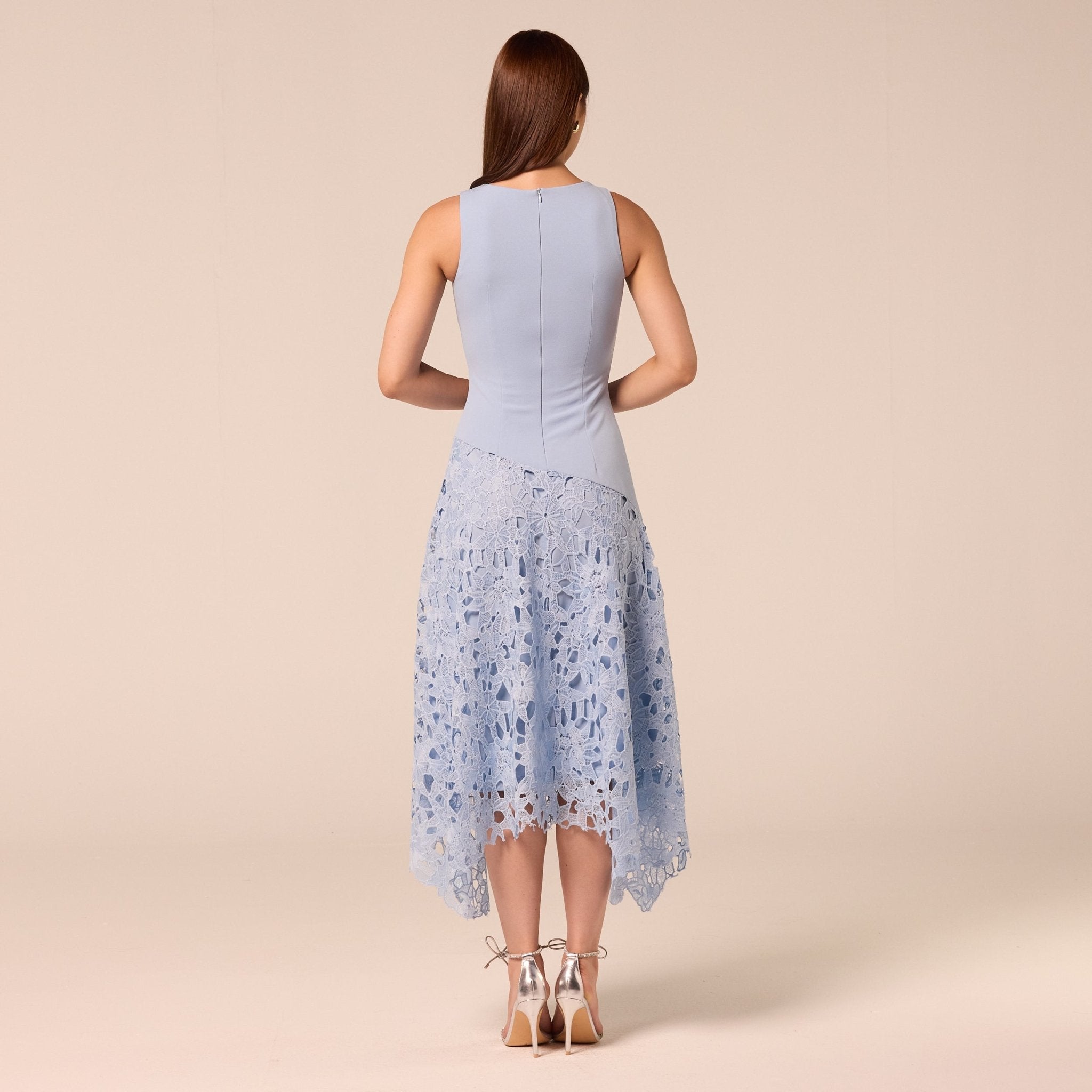 Light Blue Asymmetric Lace-Overlay Cotton Dress - shopaleena