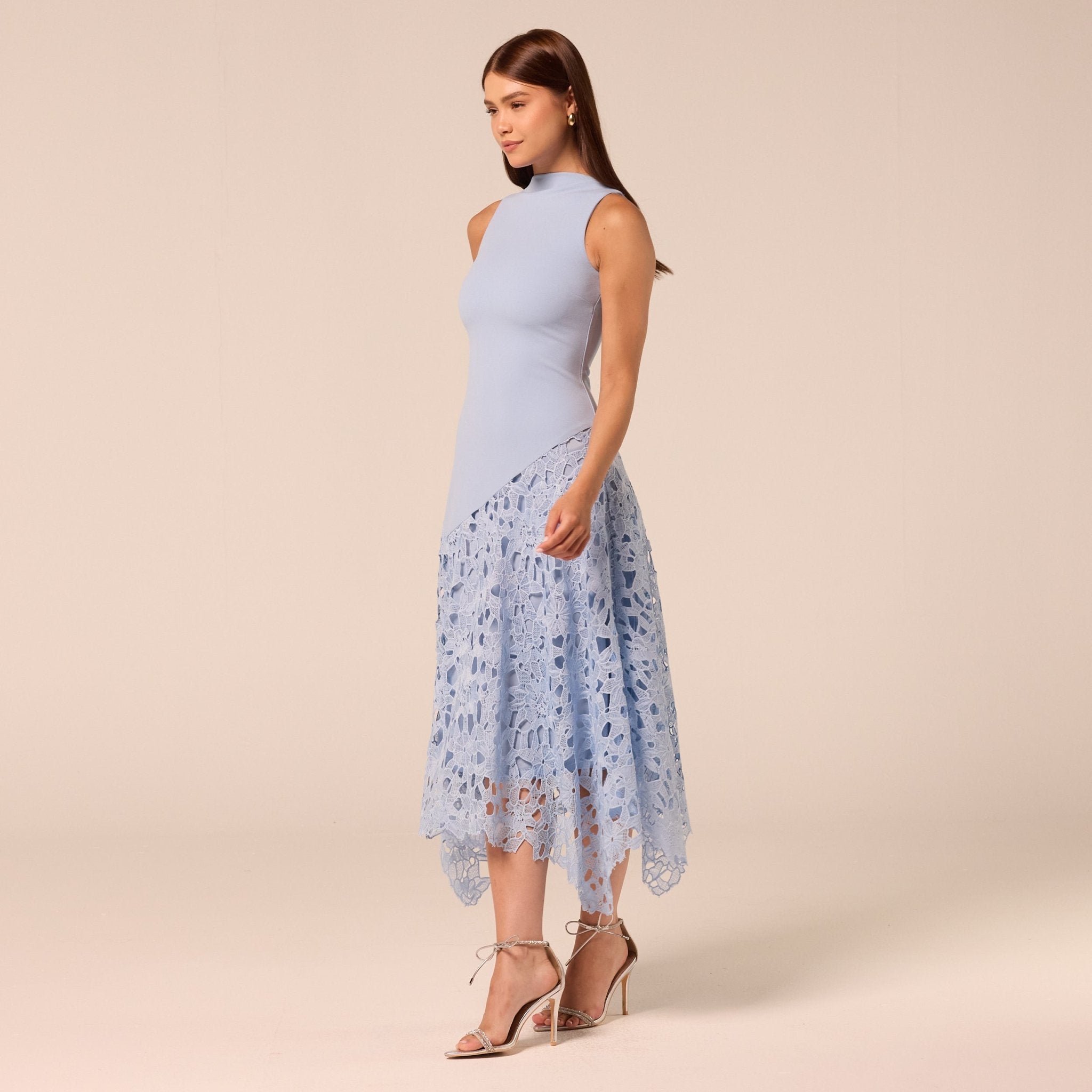 Light Blue Asymmetric Lace-Overlay Cotton Dress - shopaleena