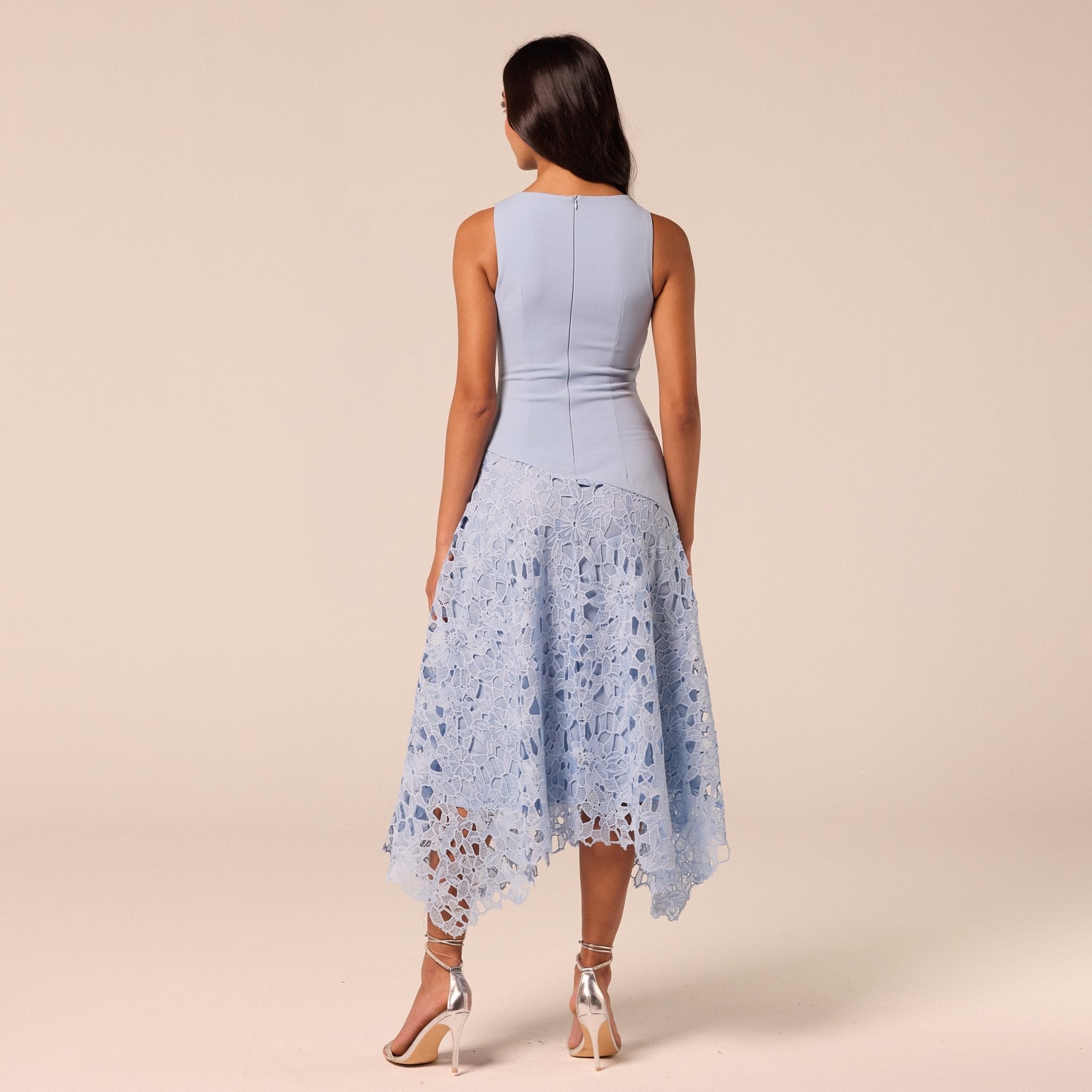 Light Blue Asymmetric Lace-Overlay Cotton Dress - shopaleena