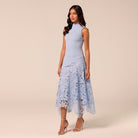 Light Blue Asymmetric Lace-Overlay Cotton Dress - shopaleena