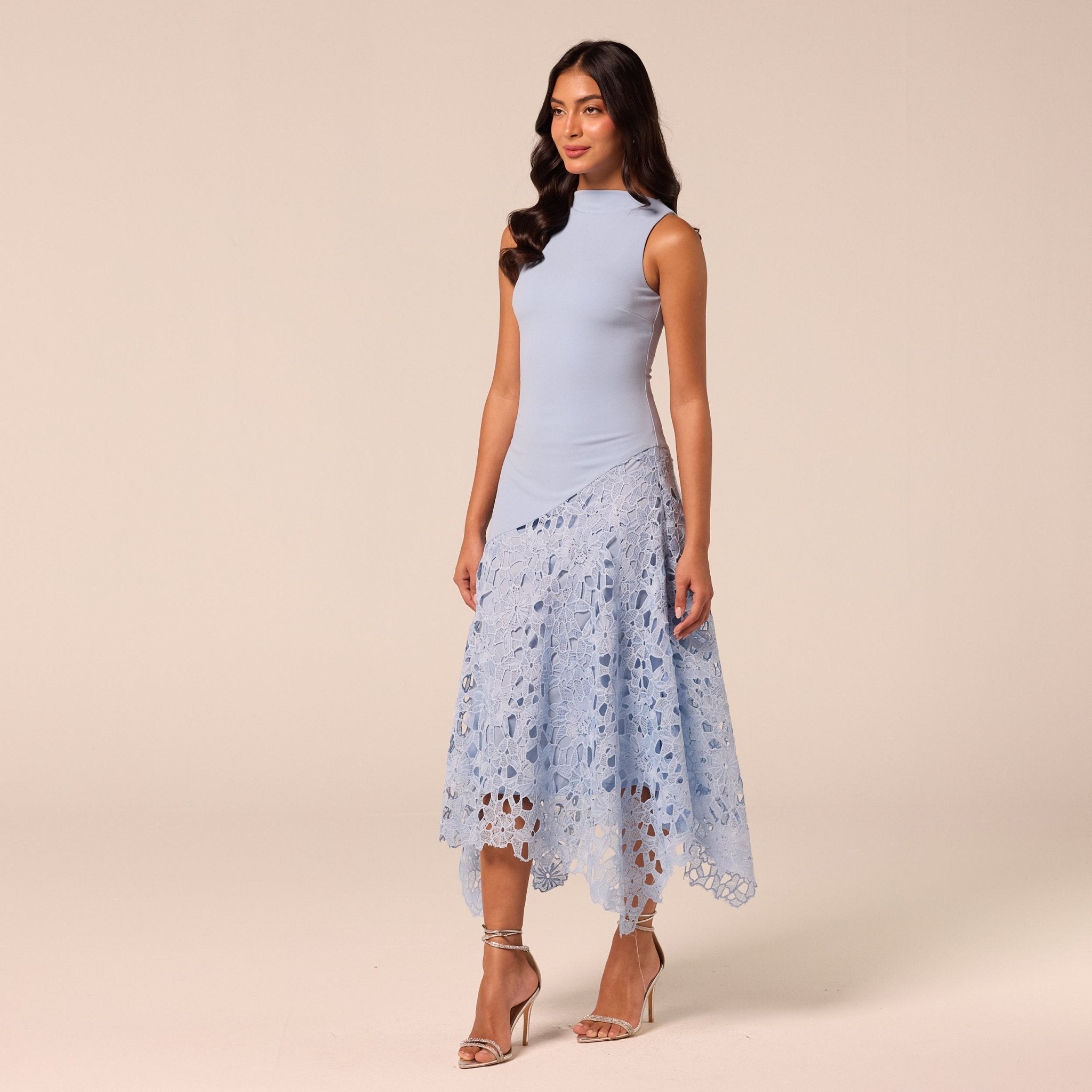 Light Blue Asymmetric Lace-Overlay Cotton Dress - shopaleena