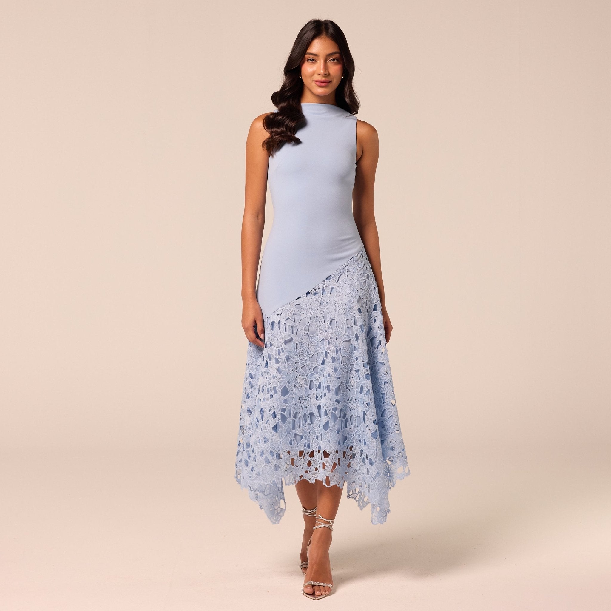Light Blue Asymmetric Lace-Overlay Cotton Dress - shopaleena