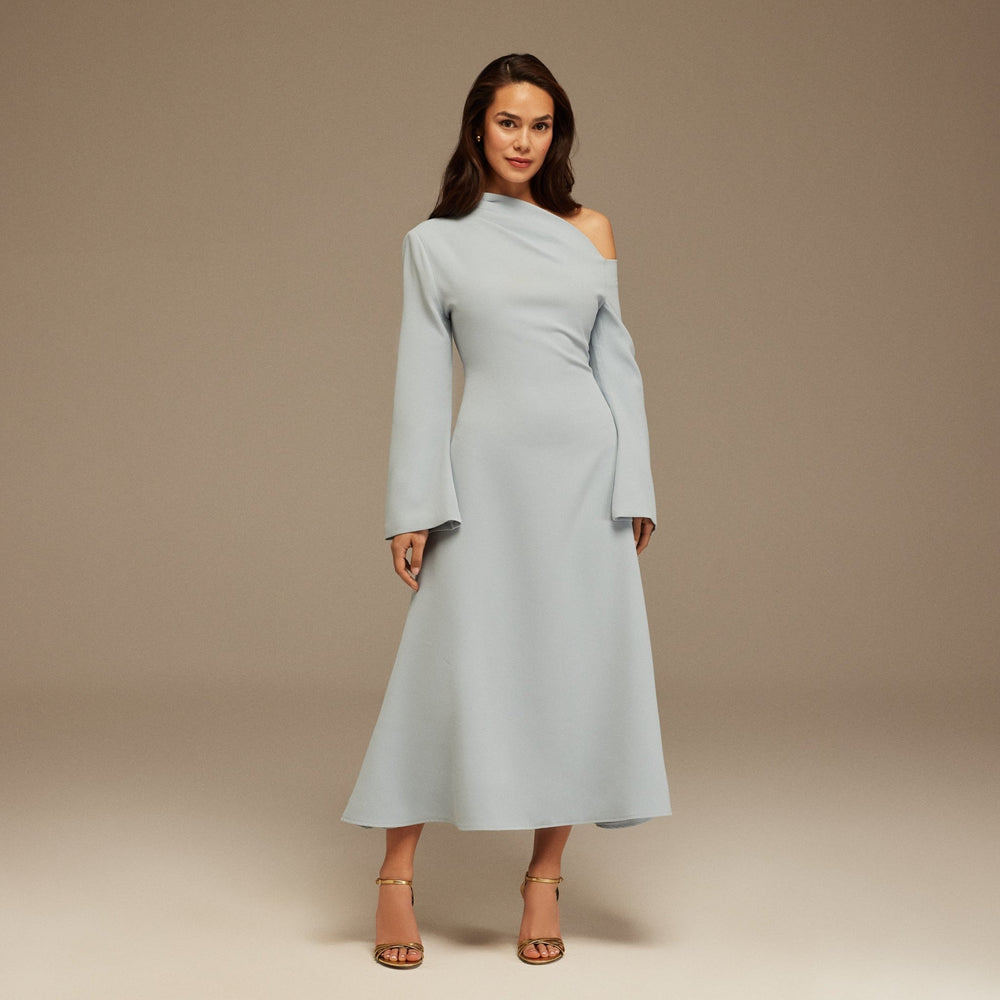Light Blue Bare shoulder Crepe Midi dress - shopaleena