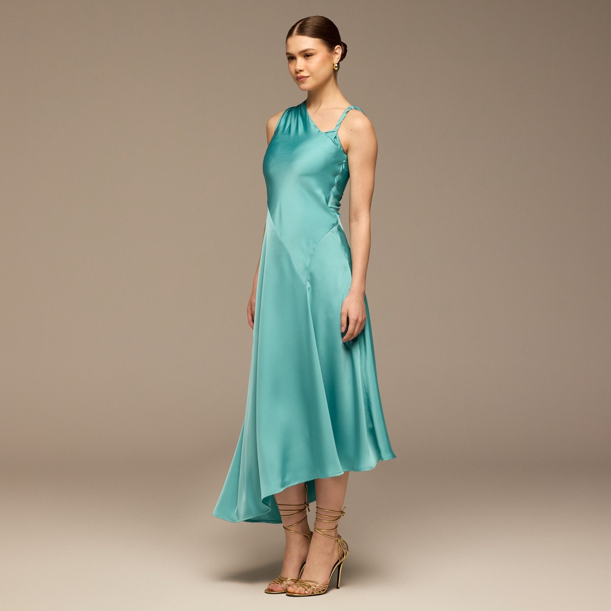 Light Blue Crepe Satin Asymmetrical Dress - shopaleena