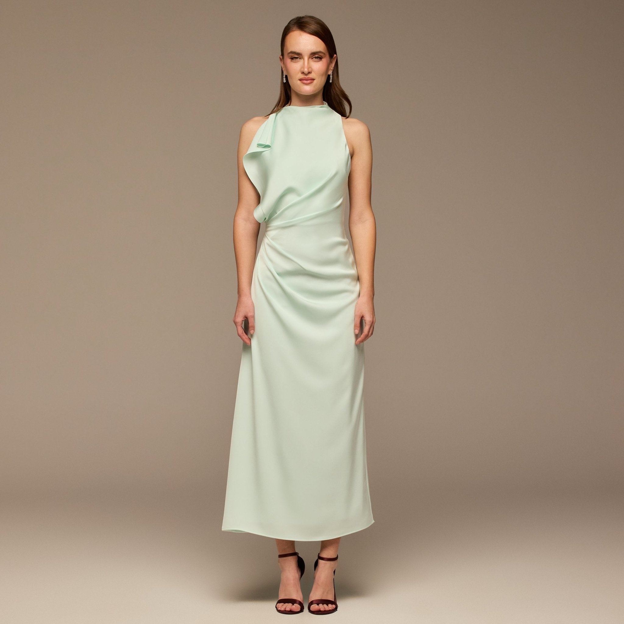 Light Blue Crepe Satin Draped Maxi Dress - shopaleena