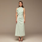 Light Blue Crepe Satin Draped Maxi Dress - shopaleena