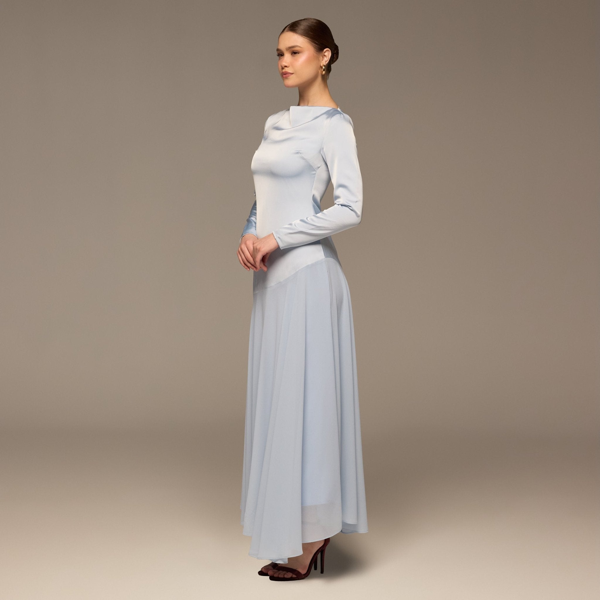 Light Blue Draped Neck Satin & Chiffon Dress - shopaleena