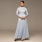 Light Blue Draped Neck Satin & Chiffon Dress - shopaleena