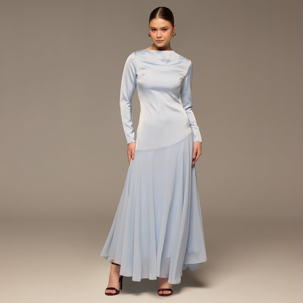 Light Blue Draped Neck Satin & Chiffon Dress – shopaleena