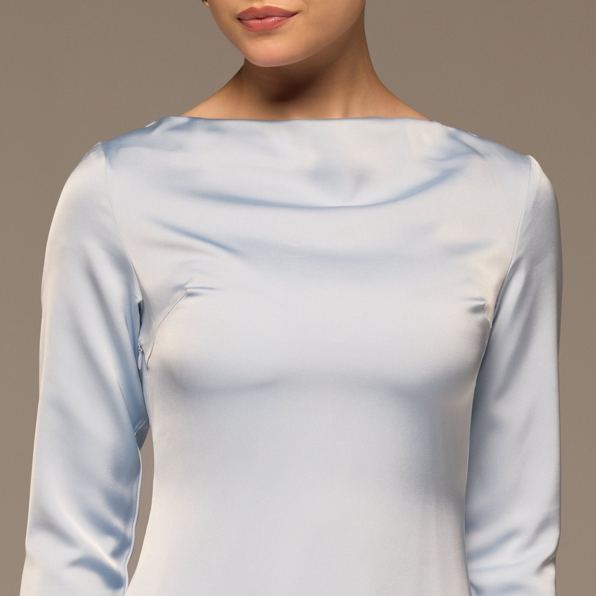 Light Blue Draped Neck Satin & Chiffon Dress - shopaleena