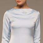 Light Blue Draped Neck Satin & Chiffon Dress - shopaleena