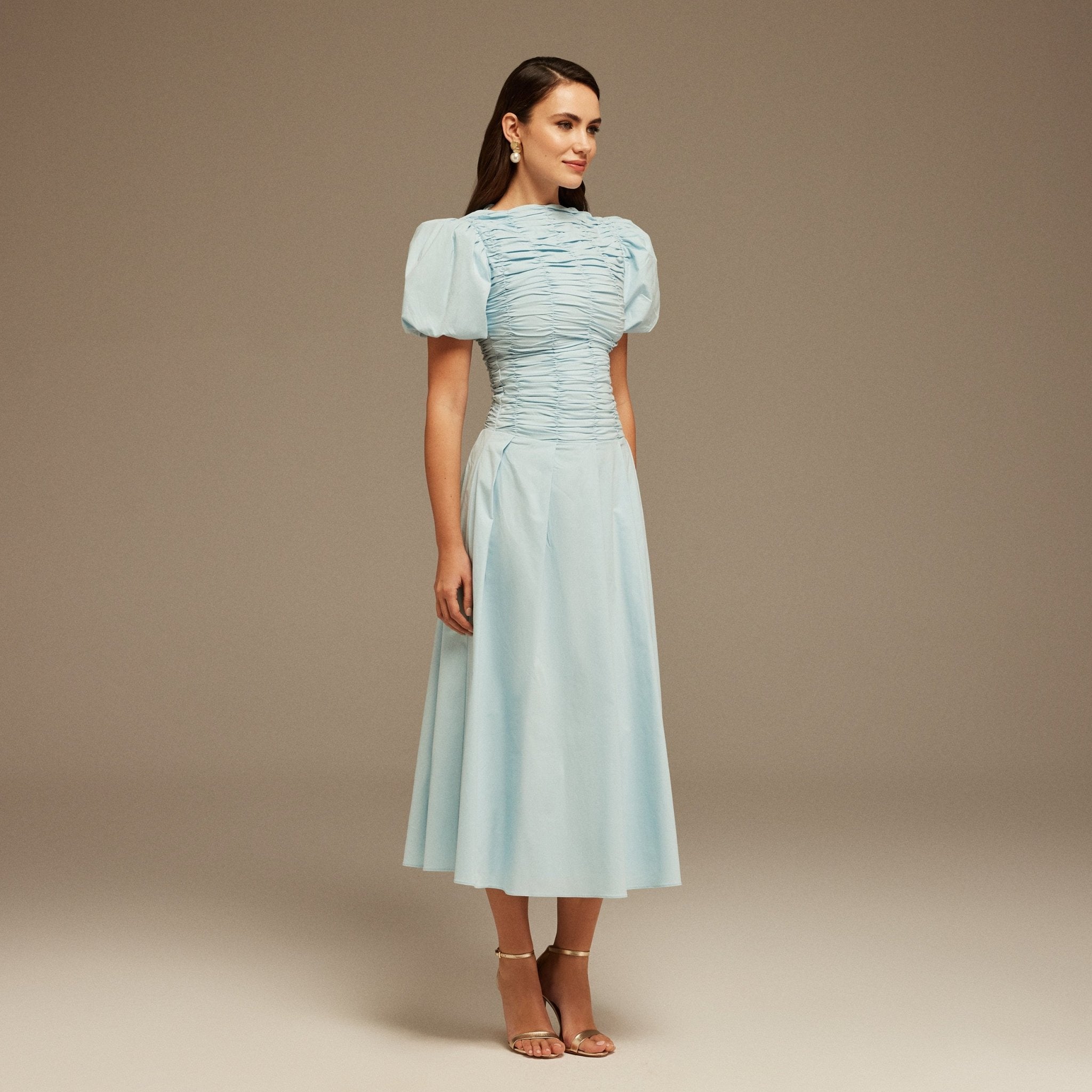 Light Blue Draped Top Short Sleeve Midi Dress - shopaleena