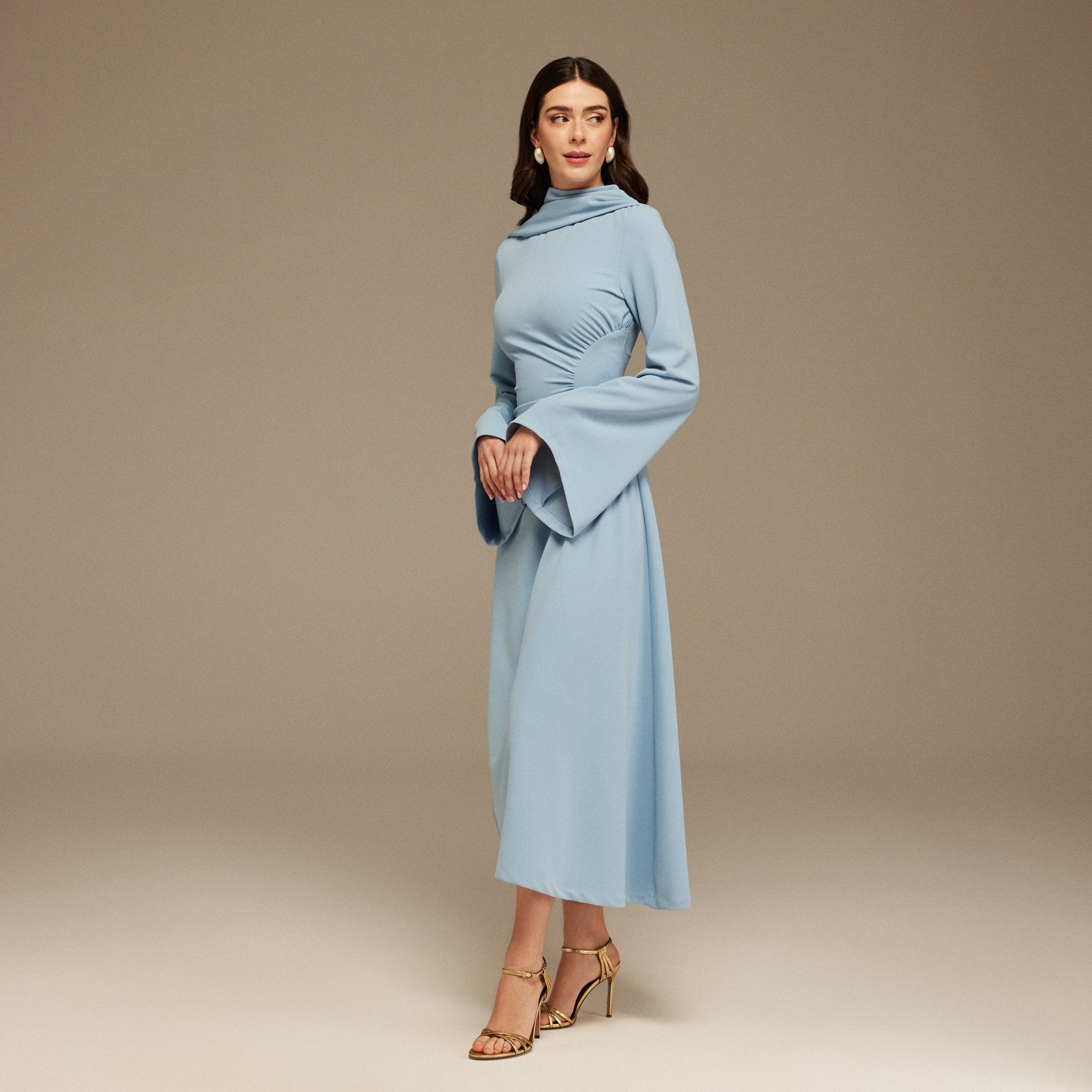 Light Blue Gathered Waist Midi Dress With Scarf - shopaleena