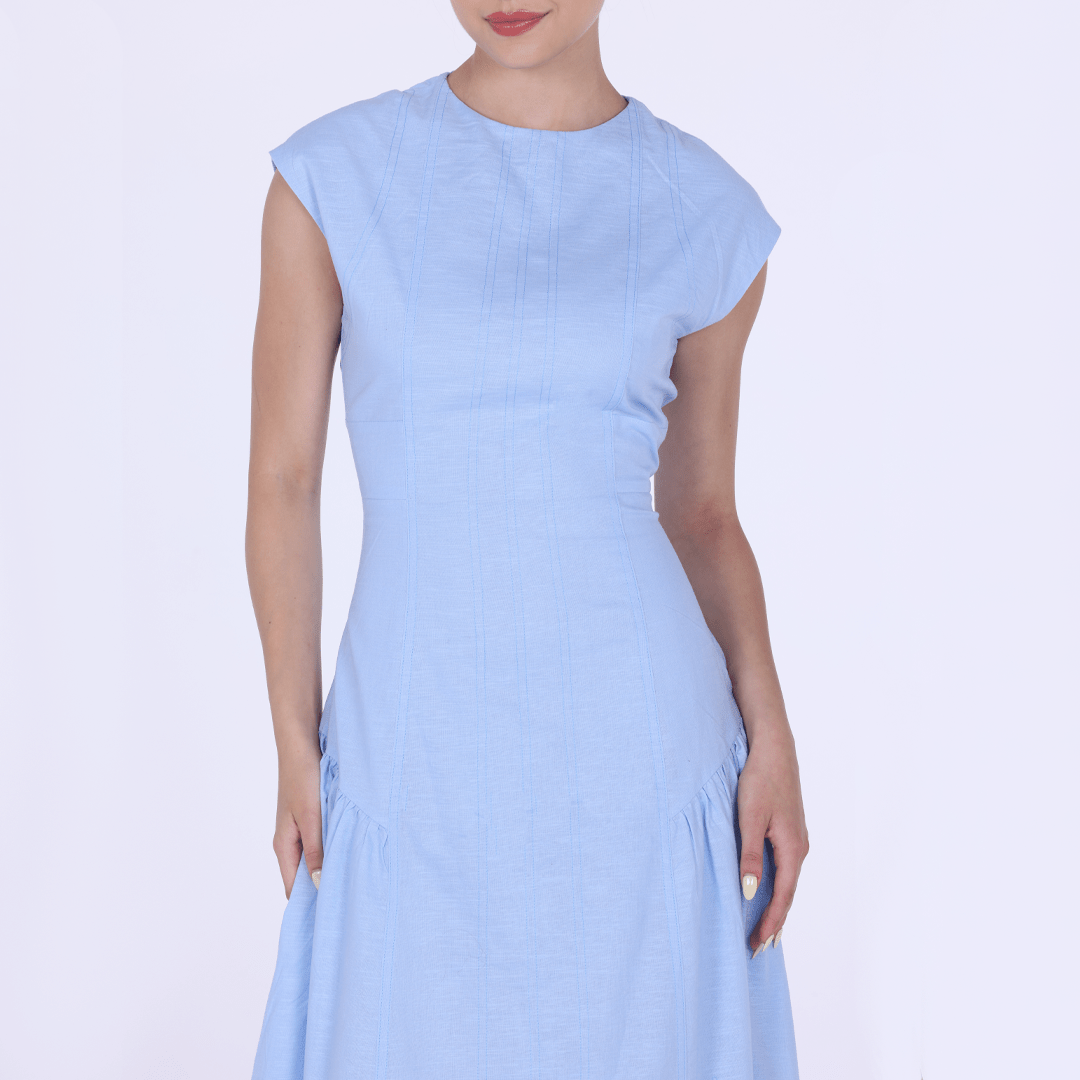 Light Blue Linen Blend Cap Sleeves Stitch A Line Dress - shopaleena