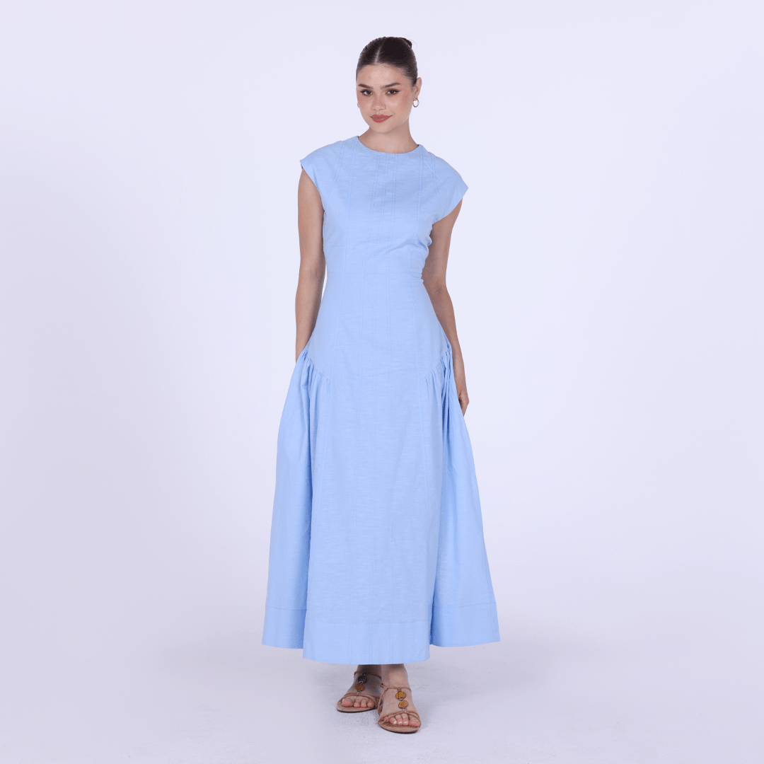 Light Blue Linen Blend Cap Sleeves Stitch A Line Dress - shopaleena