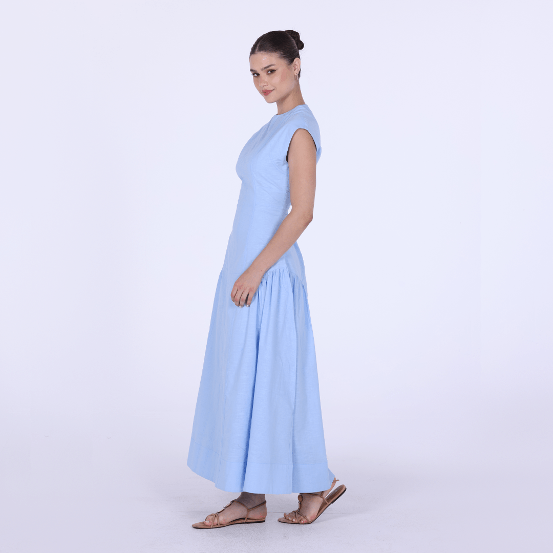 Light Blue Linen Blend Cap Sleeves Stitch A Line Dress - shopaleena